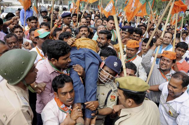 Fiel phot of an injured BJP supporter is carried for treatment after police action during a protest rally in Agartala . (PTI) Fiel phot of an injured BJP supporter is carried for treatment after police action during a protest rally in Agartala . (PTI)