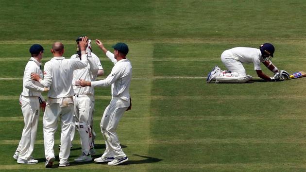 Australia's players celebrate the wicket of Ajinkya Rahane, a crucial wicket when you consider how good the Indian middle-order batsman is playing spinners. (REUTERS) Australia's players celebrate the wicket of Ajinkya Rahane, a crucial wicket when you consider how good the Indian middle-order batsman is playing spinners. (REUTERS)