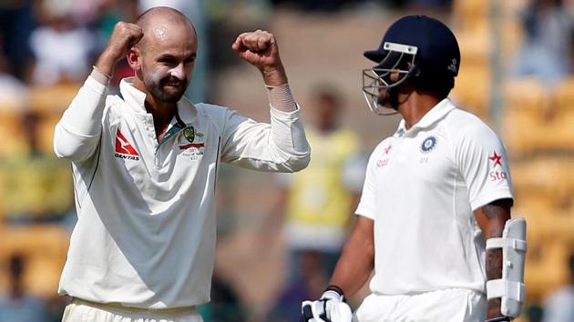 Nathan Lyon of Australia cricket team celebrates the wicket of India cricket team's KL Rahul durind Day 1 of the second Test at M Chinnaswamy Stadium in Bangalore on Saturday. Lyon took eight Indian wickets, a new record, as India were bowled out for 189 with Rahul (90) the only batsman making a mark. (REUTERS) Nathan Lyon of Australia cricket team celebrates the wicket of India cricket team's KL Rahul durind Day 1 of the second Test at M Chinnaswamy Stadium in Bangalore on Saturday. Lyon took eight Indian wickets, a new record, as India were bowled out for 189 with Rahul (90) the only batsman making a mark. (REUTERS)