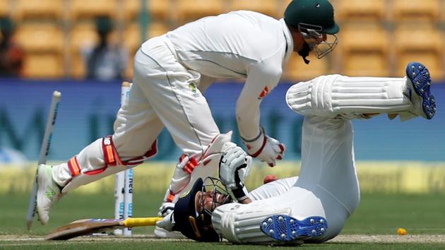 Ajinkya Rahane is stumped by Australia's Matthew Wade on Day 1 of the second Test in Bangalore. (REUTERS) Ajinkya Rahane is stumped by Australia's Matthew Wade on Day 1 of the second Test in Bangalore. (REUTERS)