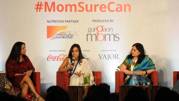 Panellist Vithika Yadav (centre), CEO of Love Matters, addresses the women during the one-day summit at Crowne Plaza, Gurgaon, on Saturday.(Parveen Kumar/HT Photo)