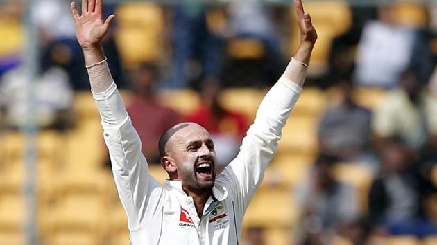 Nathan Lyon celebrates his eighth wicket, of Ishant Sharma, during the first day of the second test between India national cricket team and Australia cricket team at M Chinnaswamy Stadium in Bangalore on Saturday. (AP) Nathan Lyon celebrates his eighth wicket, of Ishant Sharma, during the first day of the second test between India national cricket team and Australia cricket team at M Chinnaswamy Stadium in Bangalore on Saturday. (AP)