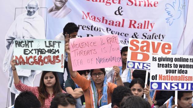 NSUI activists sit on a hunger strike outside in Delhi University in New Delhi on February 28. (HT FILE PHOTO) NSUI activists sit on a hunger strike outside in Delhi University in New Delhi on February 28. (HT FILE PHOTO)