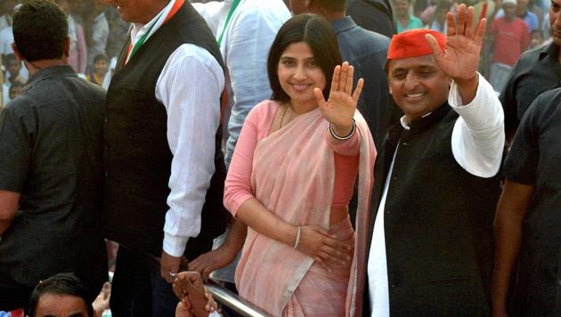 UP chief minister Akhilesh Yadav and his wife Dimple with Congress vice-president Rahul Gandhi and other leaders during their road show in Varanasi on Saturday. (PTI) UP chief minister Akhilesh Yadav and his wife Dimple with Congress vice-president Rahul Gandhi and other leaders during their road show in Varanasi on Saturday. (PTI)