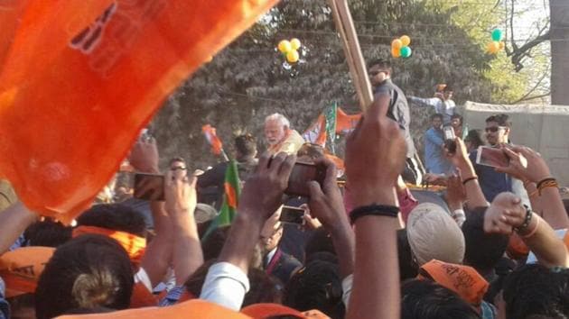Prime Minister Narendra Modi during his second road show in Varanasi on Sunday. (Sudhir Kumar/ HT Photo) Prime Minister Narendra Modi during his second road show in Varanasi on Sunday. (Sudhir Kumar/ HT Photo)