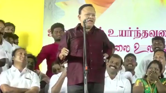 Tamil actor-turned-politician Radha Ravi of the DMK is under fire for a speech in which he impersonated differently-abled children and compared them to political rivals.(Facebook Screengrab)