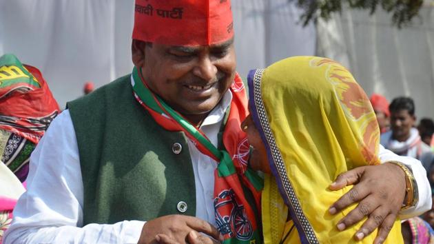 SP candidate from Amethi, Gayatri Prasad Prajapati being greeted by a supporter during an election rally in Amethi in February 2017. Prajapati is accused of rape and has a non-bailable warrant issued against him. (PTI File) SP candidate from Amethi, Gayatri Prasad Prajapati being greeted by a supporter during an election rally in Amethi in February 2017. Prajapati is accused of rape and has a non-bailable warrant issued against him. (PTI File)