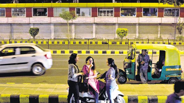 (From left) Swarnima Bhattacharya, Bhani Rachel Bali, and Japleen Pasricha, organisers of the Delhi chapter of the ‘I Will Go Out’ march that took place in January. Young women such as these have been asserting their right to be out on the streets.(Saumya Khandelwal/HT Photo)