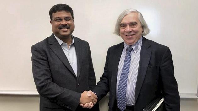 Minister of state for petroleum and natural gas Dharmendra Pradhan with Ernest Moniz in Boston. (PTI File Photo) Minister of state for petroleum and natural gas Dharmendra Pradhan with Ernest Moniz in Boston. (PTI File Photo)