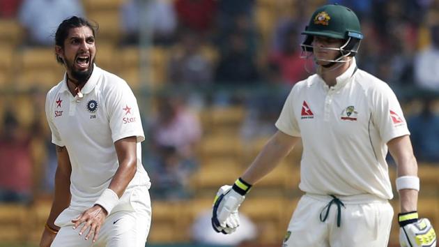 There was quite some banter between India fast bowler Ishant Sharma and Australia captain Steven Smith. In fact, Sharma even made monkey faces at Smith after beating his outer edge on Sunday. (AP) There was quite some banter between India fast bowler Ishant Sharma and Australia captain Steven Smith. In fact, Sharma even made monkey faces at Smith after beating his outer edge on Sunday. (AP)