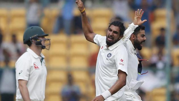 Then on the stroke of tea, Ishant Sharma dismissed Mitchell Marsh lbw. Australia were 163/5 then. (AP) Then on the stroke of tea, Ishant Sharma dismissed Mitchell Marsh lbw. Australia were 163/5 then. (AP)