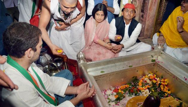 Congress vice president Rahul Gandhi, UP chief minister Akhilesh Yadav and his wife Dimple pray at the Kashi Vishwanath Mandir in Varanasi on Sunday. (PTI) Congress vice president Rahul Gandhi, UP chief minister Akhilesh Yadav and his wife Dimple pray at the Kashi Vishwanath Mandir in Varanasi on Sunday. (PTI)