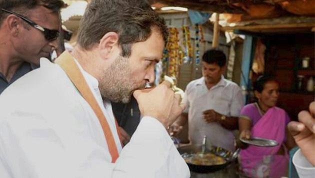 Congress vice president Rahul Gandhi drinks tea at a roadside shop in Sonbhadra on Sunday. (PTI) Congress vice president Rahul Gandhi drinks tea at a roadside shop in Sonbhadra on Sunday. (PTI)