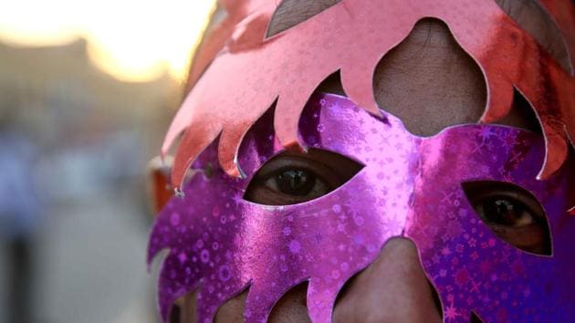 Some participants seen wearing mask during the Queer Gilabi Parade . (Himanshu Vyas/HT Photo)