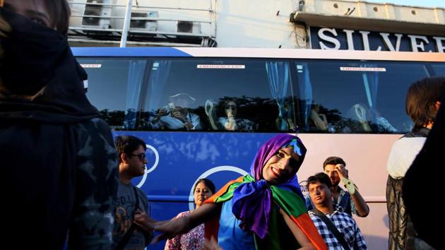 LGBT community member dances during the Queer Parade in Jaipur. (Himanshu Vyas/HT Photo)