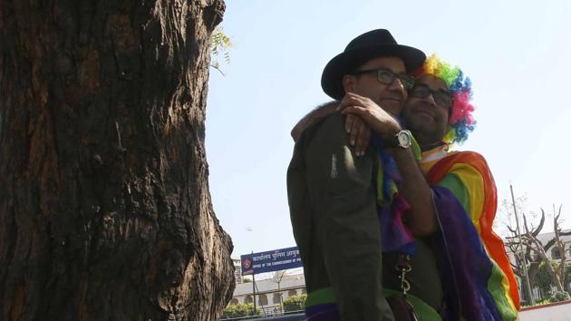 Two participants hug each other during the Queer Parade in Jaipur. (Himanshu Vyas/HT Photo)