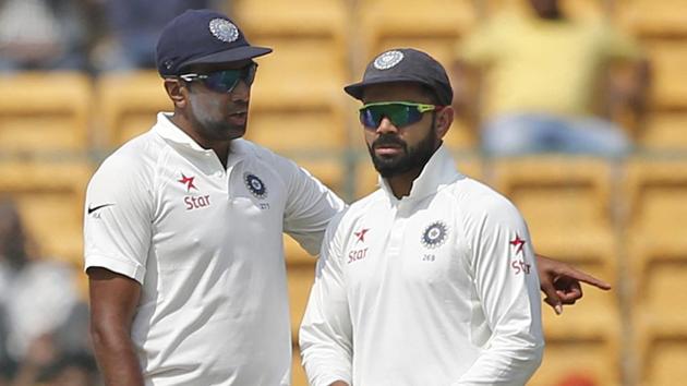 There were a lot of discussions between Ravichandran Ashwin and India captain Virat Kohli. Ashwin returned with figures of 41-10-75-1 at the end of the second day. (AP) There were a lot of discussions between Ravichandran Ashwin and India captain Virat Kohli. Ashwin returned with figures of 41-10-75-1 at the end of the second day. (AP)
