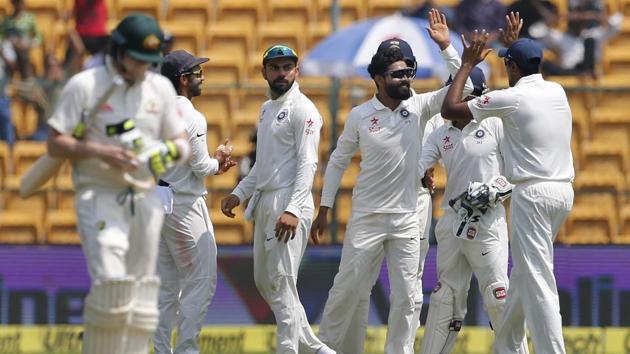 When India's Ravindra Jadeja dismissed Australia captain Steven Smith, the visitors were 82/2. (AP) When India's Ravindra Jadeja dismissed Australia captain Steven Smith, the visitors were 82/2. (AP)