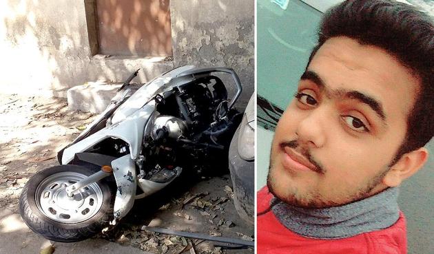 Sixteen-year-old Atul Arora (R) and the scooter he was riding. Driver of the Mercedes, who is yet to be identified, fled from the spot after the accident in west Delhi’s Paschim Vihar around 10.30 pm on Sunday.