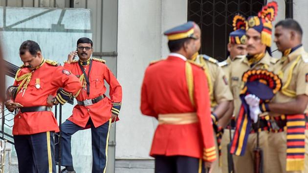Police constables take a break, as the session gets underway on Monday morning. (Kunal Patil/HT Photo)