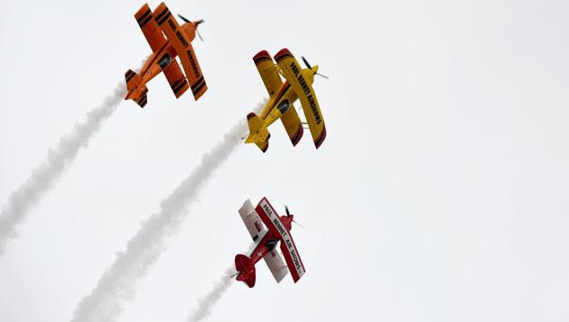 The Sky Aces perform during the Australian International Airshow in Melbourne on March 5, 2017. The annual event sees 180,000 visitors over the 3-day public event held at the Avalon Airfield some 80kms south-west of Melbourne. (MAL FAIRCLOUGH / AFP) The Sky Aces perform during the Australian International Airshow in Melbourne on March 5, 2017. The annual event sees 180,000 visitors over the 3-day public event held at the Avalon Airfield some 80kms south-west of Melbourne. (MAL FAIRCLOUGH / AFP)