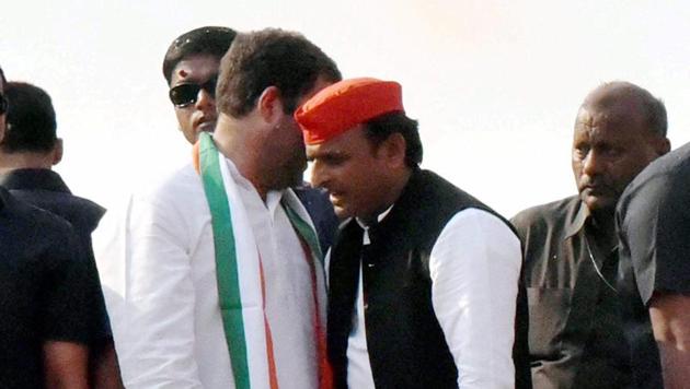 Varanasi: Uttar Pradesh Chief Minister Akhilesh Yadav and Congress Vice-President Rahul Gandhi during their road show in Varanasi on Saturday. PTI Photo(PTI3_4_2017_000246B) (PTI) Varanasi: Uttar Pradesh Chief Minister Akhilesh Yadav and Congress Vice-President Rahul Gandhi during their road show in Varanasi on Saturday. PTI Photo(PTI3_4_2017_000246B) (PTI)