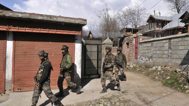 Soldiers near the site of encounter in south Kashmir’s Tral area. (Waseem Andrabi/HT Photo) Soldiers near the site of encounter in south Kashmir’s Tral area. (Waseem Andrabi/HT Photo)