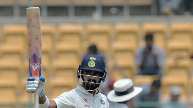 India cricket team’s second innings was giving a solid start by opener KL Rahul , who scored a half century (51 runs) during Day 3 of the second Test at M Chinnaswamy Stadium in Bangalore on Monday. (AFP)