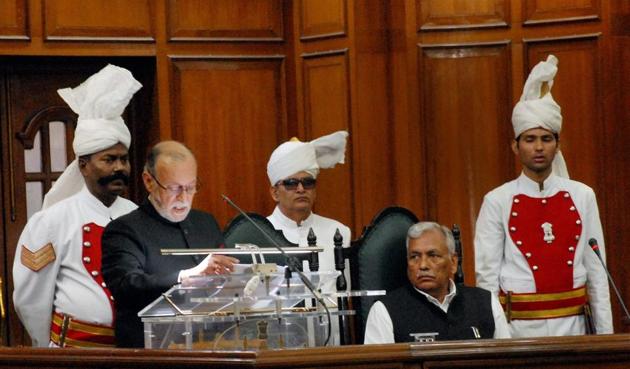 Lieutenant governor Anil Baijal addresses the Delhi Assembly on the first day of its five-day Budget session at Delhi Secretariat in New Delhi on Monday.(PTI)
