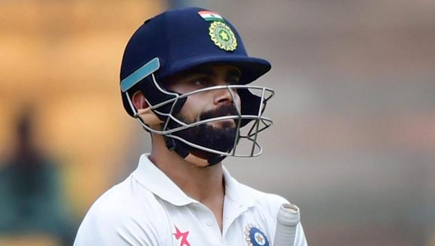 Virat Kohli hasn’t had a great series against Australia so far and looked determined to change it in the second innings in Bangalore. But he was undone by an unfortunate dismissal.(PTI)