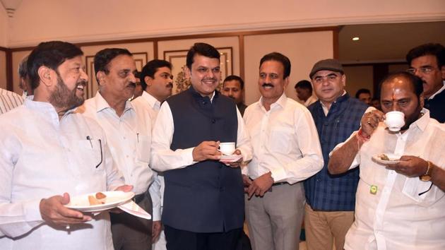 Chief minister Devendra Fadnavis at the customary tea party held on the eve of the budget session of the state assembly at Sahyadri Guest House in Malabar Hill on Sunday.(Pratham Gokhale/HT)