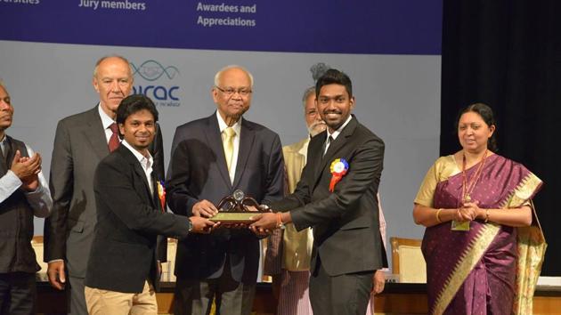 Students of the Indian Institute of Technology-Kanpur (IIT-K), who developed a prototype of a Braille slate called ‘Anubhav’, were presented with the Gandhian Young Technological Innovation Award-2017 during a function held at Rashtrapati Bhawan on March 5.(Handout image)