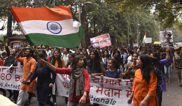 New Delhi, India- March 2, 2017: The ABVP students taking out march to protest against violence at Ramjas College at Delhi University in New Delhi, India on Thursday, March 02, 2017. ( Photo by Sushil Kumar/ Hindustan Times) (Sonu Mehta/HT Photo) New Delhi, India- March 2, 2017: The ABVP students taking out march to protest against violence at Ramjas College at Delhi University in New Delhi, India on Thursday, March 02, 2017. ( Photo by Sushil Kumar/ Hindustan Times) (Sonu Mehta/HT Photo)