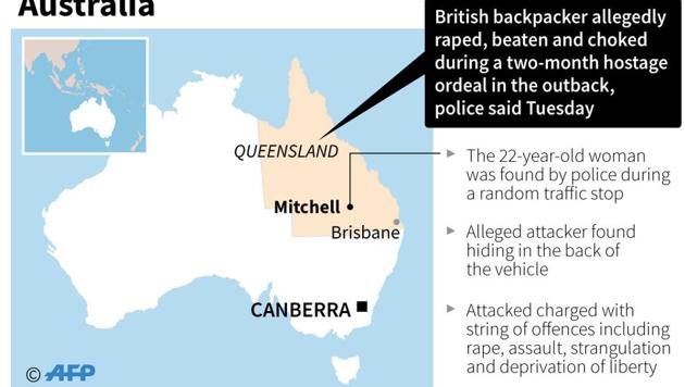 Map of Australia locating Queensland, where a British backpacker was repeatedly raped, beaten and choked during a two-month hostage ordeal, police alleged on March 7. (AFP Photo) Map of Australia locating Queensland, where a British backpacker was repeatedly raped, beaten and choked during a two-month hostage ordeal, police alleged on March 7. (AFP Photo)