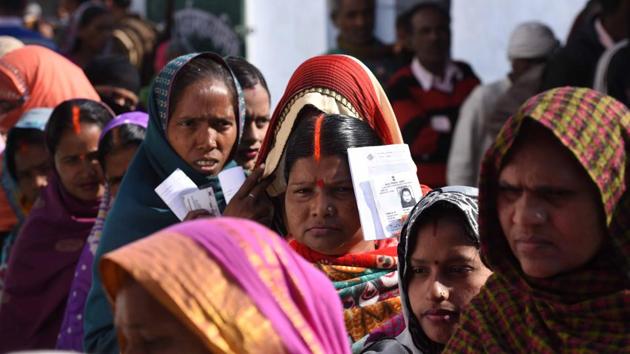 Voters at a polling station in Ayodhya, Uttar Pradesh, February 27