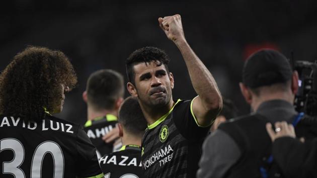 Chelsea FC's Diego Costa celebrates scoring their second goal against West Ham United during their Premier League match on Monday. (REUTERS) Chelsea FC's Diego Costa celebrates scoring their second goal against West Ham United during their Premier League match on Monday. (REUTERS)
