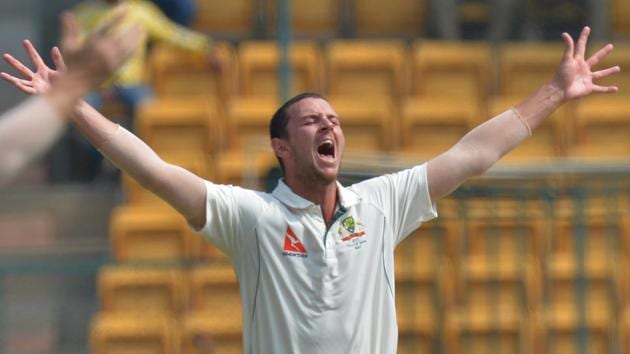 Australian bowler Josh Hazlewood claimed his sixth five-wicket haul on Tuesday and his career-best 6/67 to break the Indian team’s innings on Day 4 of the second Test at M Chinnaswamy Stadium on Tuesday. (AFP) Australian bowler Josh Hazlewood claimed his sixth five-wicket haul on Tuesday and his career-best 6/67 to break the Indian team’s innings on Day 4 of the second Test at M Chinnaswamy Stadium on Tuesday. (AFP)
