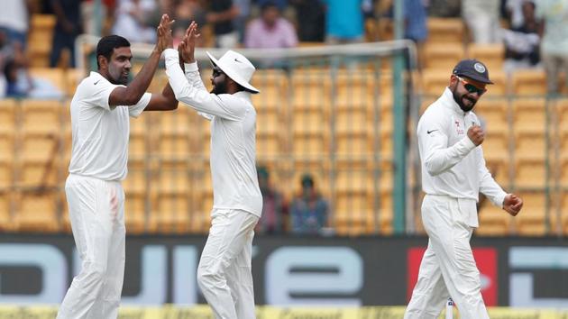 Ravichandran Ashwin picked up his 25th five-wicket haul as India staged a remarkable comeback to win the Bangalore Test by 75 runs to level the series. (REUTERS) Ravichandran Ashwin picked up his 25th five-wicket haul as India staged a remarkable comeback to win the Bangalore Test by 75 runs to level the series. (REUTERS)