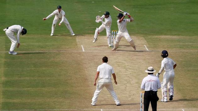 India cricket team set a formidable total (considering the pitch conditions) for Australia cricket team to chase thanks to Cheteshwar Pujara’s brilliant and patient innings of 92 in the second Test at M Chinnaswamy Stadium on Tuesday. (REUTERS) India cricket team set a formidable total (considering the pitch conditions) for Australia cricket team to chase thanks to Cheteshwar Pujara’s brilliant and patient innings of 92 in the second Test at M Chinnaswamy Stadium on Tuesday. (REUTERS)