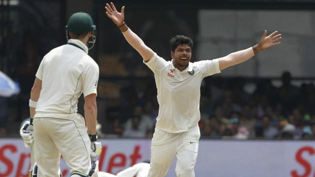 Umesh Yadav took two crucial Australia cricket team wickets,  trapping both of the batsmen -- Shaun Marsh (in pic) and Steve Smith -- leg before on Day 4 of the second Test at M Chinnaswamy Stadium on Tuesday. (BCCI) 