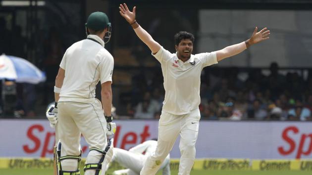 Umesh Yadav appeals for the wicket of Australia national cricket team's Shaun Marsh on Day 4 of the second Test at M Chinnaswamy Stadium in Bangalore on Tuesday. Marsh padded up to a Yadav delivery which jagged back and umpire Nigel Llong immediately upheld the appeal for leg before. Australia chose not to review but replays showed the ball would have clearly missed the stumps.(BCCI)