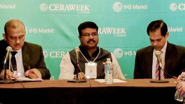 Petroleum Minister Dharmendra Pradhan addressing a news conference on the sidelines of the CERAWeek conference, in Houston. (PTI) Petroleum Minister Dharmendra Pradhan addressing a news conference on the sidelines of the CERAWeek conference, in Houston. (PTI)