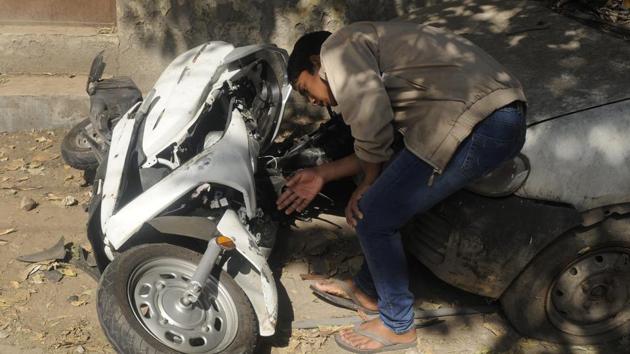 The scooter which 17-year-old Atul Arora was riding when he was allegedly knocked down by a speeding Mercedes in the Paschim Vihar area of Delhi. Police said Arora was not wearing helmet. (Burhaan Kinu/HT Photo) The scooter which 17-year-old Atul Arora was riding when he was allegedly knocked down by a speeding Mercedes in the Paschim Vihar area of Delhi. Police said Arora was not wearing helmet. (Burhaan Kinu/HT Photo)
