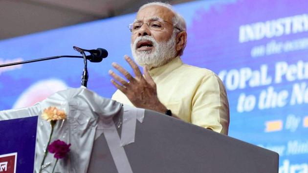 Prime Minister Narendra Modi addresses an industry meet at ONGC Petro Additions Limited (OPaL), in Dahej, Gujarat on Tuesday.(PTI)
