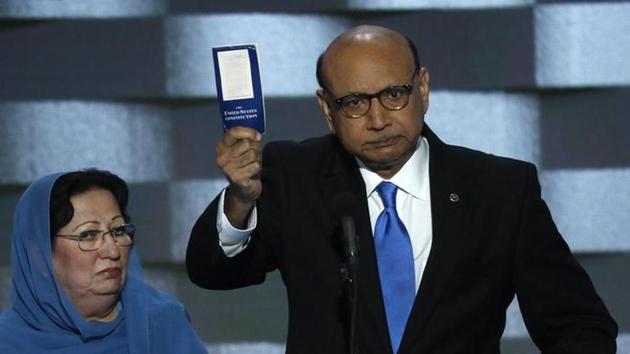 Khizr Khan, whose son, Humayun SM Khan was one of 14 American Muslims who died serving in the US Army in the 10 years after the 9/11 attacks, offers to loan his copy of the Constitution to Republican US presidential nominee Donald Trump, as he speaks during the last night of the Democratic National Convention in Philadelphia on July 28. (Reuters File) Khizr Khan, whose son, Humayun SM Khan was one of 14 American Muslims who died serving in the US Army in the 10 years after the 9/11 attacks, offers to loan his copy of the Constitution to Republican US presidential nominee Donald Trump, as he speaks during the last night of the Democratic National Convention in Philadelphia on July 28. (Reuters File)