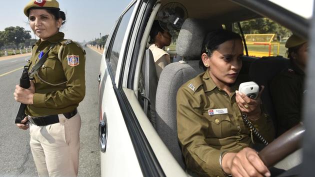 The women Police Control Room (PCR) cruisers who patrol in the city to keep a tab and contain crimes against women. (Ravi Choudhary/HT PHOTO)