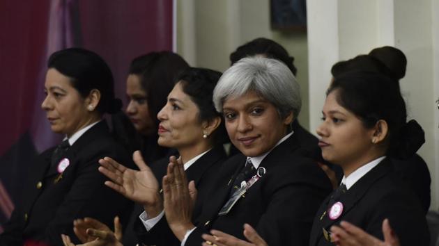 Commander Kshamta Bajpai, (2R), with other pilots cheers her crew during the celebration commemorating the endeavour. In 2016, Capt. Kshamta was part of a team to fly the world’s longest all women operated flight on the same route. (Vipin Kumar/HT PHOTO)