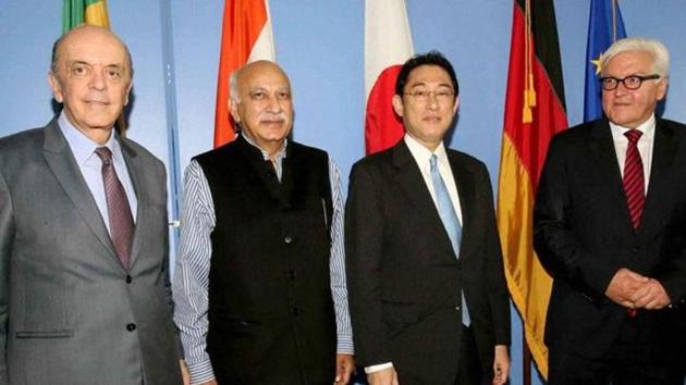 (From left) Brazil’s José Serra, MoS external affairs MJ Akbar, Japan’s foreign minister Fumio Kishida and German foreign minister Frank-Walter Steinmeier. (PTI Photo) (From left) Brazil’s José Serra, MoS external affairs MJ Akbar, Japan’s foreign minister Fumio Kishida and German foreign minister Frank-Walter Steinmeier. (PTI Photo)