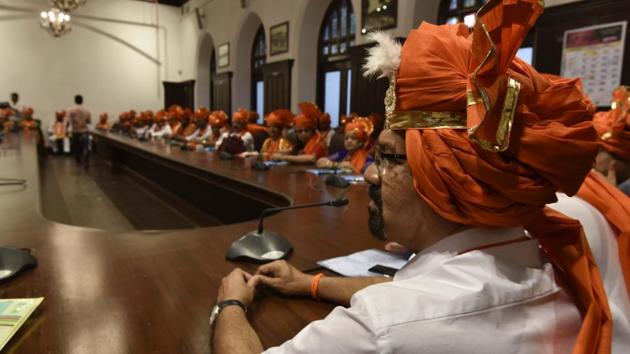 Mumbai mayor Vishwanath Mahadeshwar speaks to Shiv Sena corporators after taking charge, at the BMC headquarters on Wednesday. (Kunal Patil/HT Photo)
