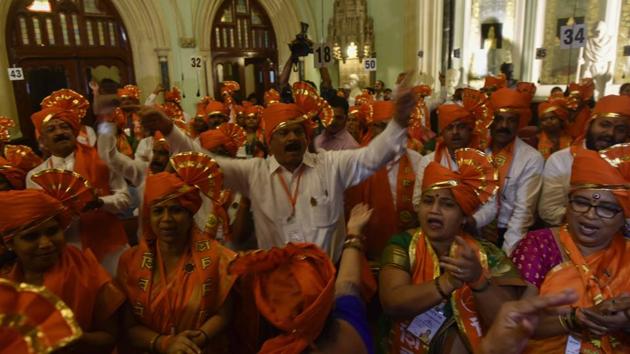 Sena corporators celebrate after their candidate is elected mayor of Mumbai. (Kunal Patil/HT Photo)